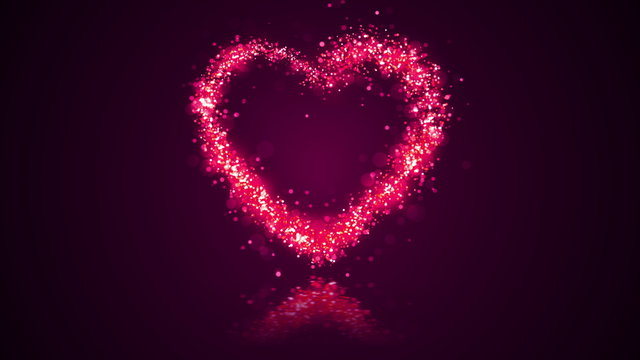 Valentines day festive and luxury heart 3D illustration. Bright and vibrant glittering particles form a glowing heart shape with sequins. Bright red and colorful love and romance holiday background