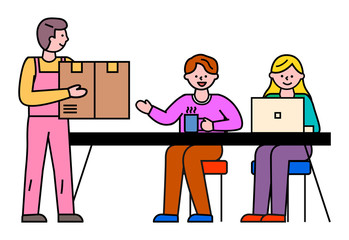 Man and woman working at office. Courier carry simple carton box to deliver to receiver. Shipment and delivery parcels from post to door. Vector illustration of shipping packages in flat style