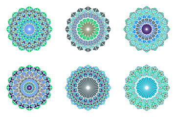 Colorful abstract geometrical ornate triangular mandala set - polygonal ornamental round vector illustrations