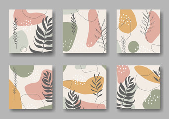 Set of six vector square backgrounds with abstract forms and leaves ornament - 316986863
