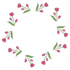 Round frame with stylish pink tulips on white background. Isolated frame of flowers for your design.