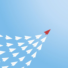 Red Paper Airplane Leading White Paper Airplanes. Leadership Concept With Paper Planes.	