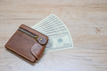Brown leather wallet with dollar money bank