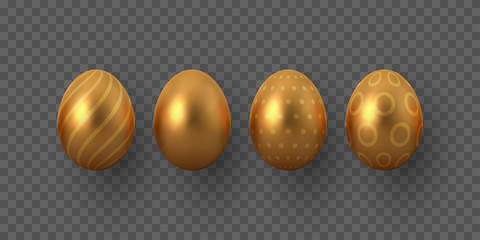 Vector golden Easter eggs with geometric pattern. Realistic metallic decorative elements for Easter holidays. Isolated on transparent background.