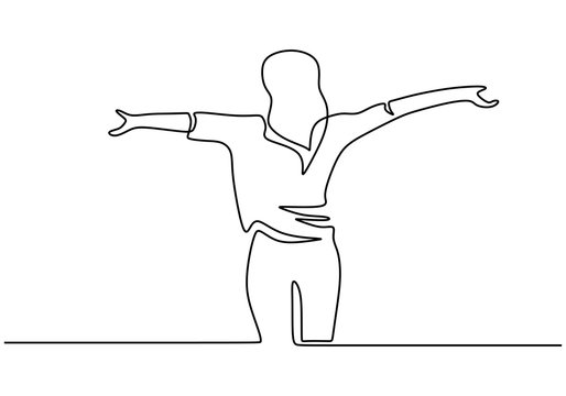 Continuous one line drawing of woman standing and rising hands. portrait of girl feeling freedom and fresh.