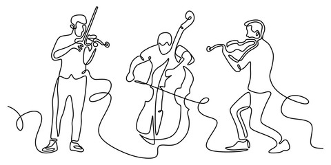 Classical musicians one line drawing. Minimalism vector illustration of cello, violin player. Single hand drawn sketch vector illustration. Contour linear design isolated on white background. © ngupakarti