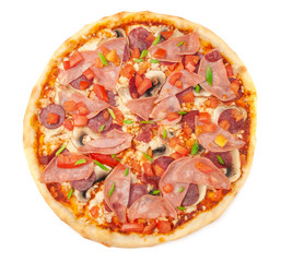 Pizza With fresh champignons, bacon, smoked chicken fillet, mozzarella cheese, sliced ​​tomato and green onions. A piece is cut off from pizza. White background. Isolated. Close-up. View from above.