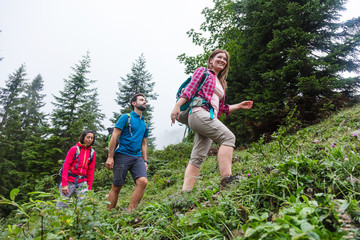 Gruppe von Wanderern, die in den Bergen wandern. 
