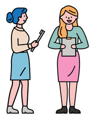 Two people stand with clipboards with notes for recruitment. Manager talk to lady about work, employment interview. Women hold notepad with important documentation. Vector illustration in flat style