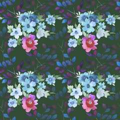 Blue,pink branch of a blossoming apple tree on a dark background.Flowers with leaves are made using the free brushstroke technique.Floral seamless patterns for the design of fabrics,covers,home decor 