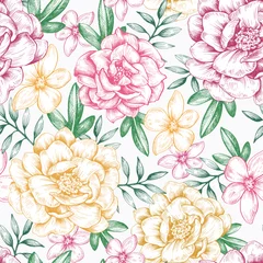 Fototapeten  Illustration of graphic flowers and leaves. Seamless pattern for wallpaper and fabric design. © Anna