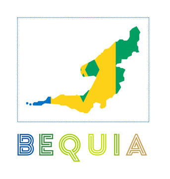 Bequia Logo. Map of Bequia with island name and flag. Authentic vector illustration.