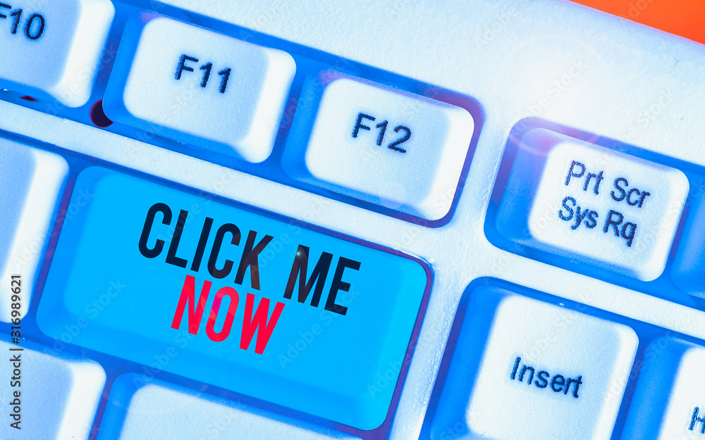 Poster writing note showing click me now. business concept for internet helping desk press the button onlin