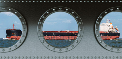 Looking through a ship Porthole.  Ship on the ocean. 3D Rendering