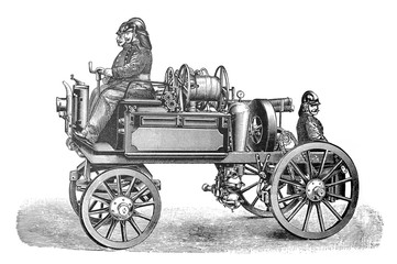 Fototapeta na wymiar Old fire brigade car - fire truck old Antique illustration from Brockhaus Konversations-Lexikon 1908