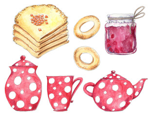 Russian pancake week set with pancakes, caviar, jam, tea set, bagels - Maslenitsa (Shrovetide). Rustic design elements of slavic holiday carnival in watercolor sketching style.