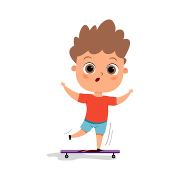 happy cute kid skateboarding vector flat illustration. Boy and sport. Skateboarding. Cute kids play sport games. Little boy is learning skatrboarding. Sport games. Vector image. Activity and hobby