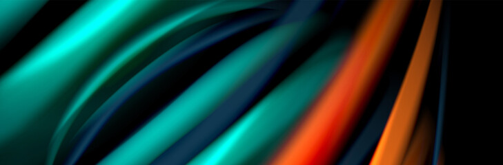 Silk and smooth flow wave poster design. Color waves, liquid style lines and shapes in black color background