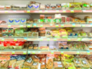 Supermarket defocused blurred background. Grocery, shelves with products