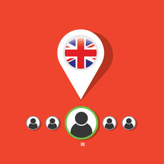 Icon pin illustration with UK country flag stylized in the circle