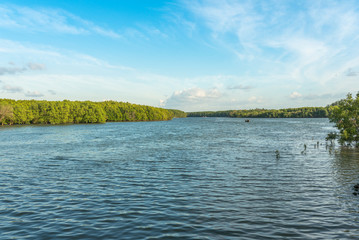 Long-tail boat at the pier on the Krabi river, a 5 kilometres long stream, who it is the main channel within a larger estuary to the Andaman Sea
