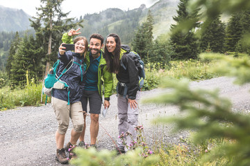 Gruppe von Wanderern, die in den Bergen wandern.  - 316991018