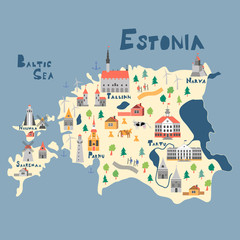 Illustration map of Estonia with nature, animals and landmarks. Flat vector illustration.