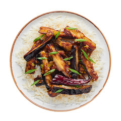 Sichuan Eggplant Stir Fry isolated at white background. Eggplant Stir Fry is chinese cuisine dish with deep fried eggplant, chilli pepper, different sauces. Top view