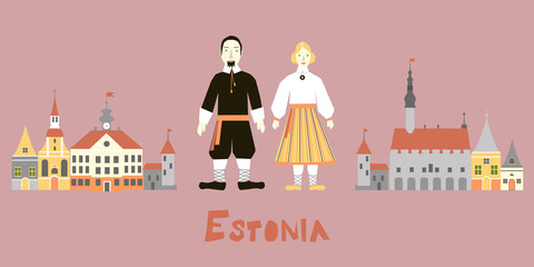 Illustrations of Estonian residents in national costumes with old city buildings and the inscription of Estonia. Flat vector illustration.