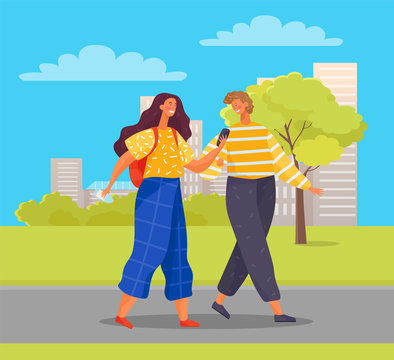 Man and woman on weekends in new city. Female character using smartphone to find right way. Friends walking in town park enjoying fair weather and greenery of nature. Vector in flat style