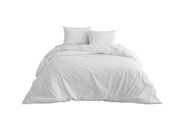 Bed with whitebedlinen Isolated on white background. Front view