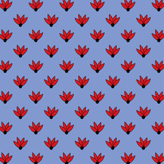 floral seamless pattern on red flowers on blue background. simple hand drawn seamless pattern for clothing, printing, texture, tiles etc.