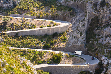 Cars on a route through the Serra de Tramuntana mountains in Mallorca. Spain