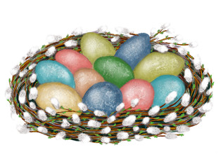 Fototapeta na wymiar Easter eggs in a nest of willow branches, illustration for spring postcard or invitation