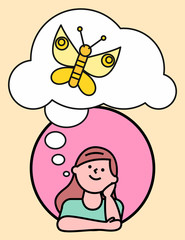 Leisure of girl thinking about flying butterfly. Avatar portrait view of female with hand near face looking at bubble icon with flying cartoon character. Kid in round with imagination sign vector
