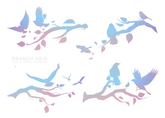 figure set multicolored flock of flying birds on tree branch