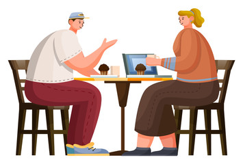 Two people have lunch in cafe. Man and woman sit on wooden chairs and drink coffee and eat muffins. Cozy place for relaxation and meeting with friend in cafeteria. Vector illustration in flat style