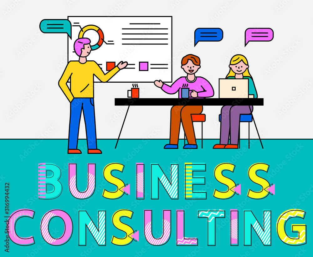 Poster business consulting, people sitting by table with laptop. whiteboard with flow charts and informatio
