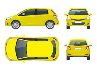 Subcompact yellow hatchback car. Compact Hybrid Vehicle. Eco-friendly hi-tech auto. Easy color change. Template vector isolated on white View front, rear, side, top