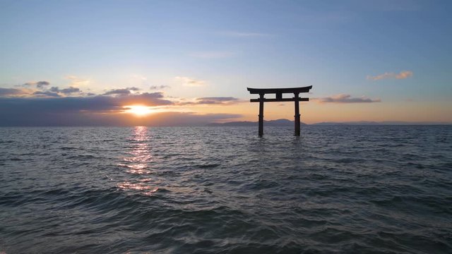 Sunrise at Shirahige shrine torii gate, lake Biwa, Shiga Prefecture, Japan
