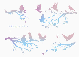 figure set multicolored flock of flying birds on tree branch