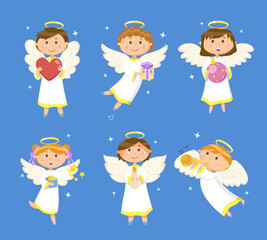 Angels and cupids, Christmas and Valentines day vector. Heart and gift, Xmas ball and gold stars, candle and trumpet, girls and boys with halo and wings