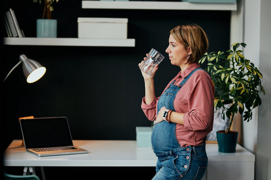 Side view of adorable caucasian pregnant freelancer standing in her office, touching belly, drinking water and taking a break from work.
