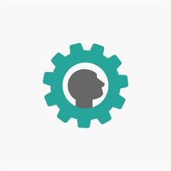 Blue gear with man's head. Flat vector pictogram. Intellect interface toolbar icon.