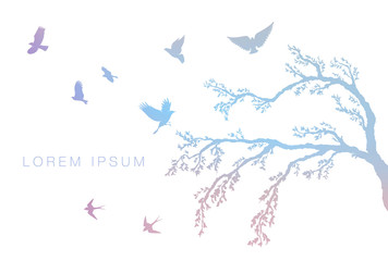 figure set multicolored flock of flying birds on tree branch