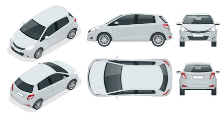 Subcompact hatchback car. Compact Hybrid Vehicle. Eco-friendly hi-tech auto. Easy color change. Template isolated on white view front, rear, side, top and isometric - obrazy, fototapety, plakaty