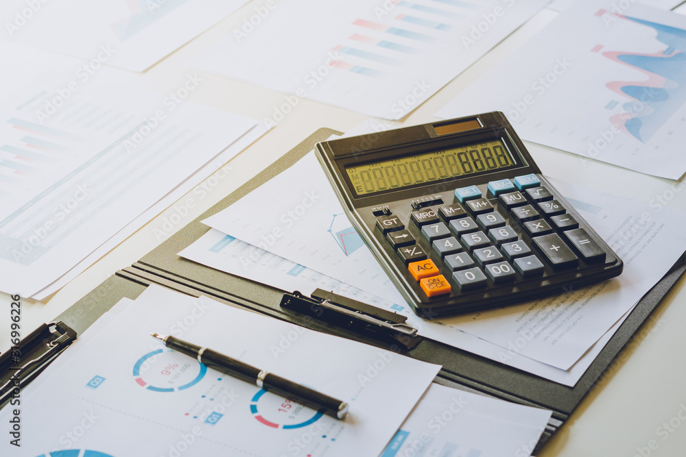 Poster businessman working calculate data document graph chart report marketing research development planni