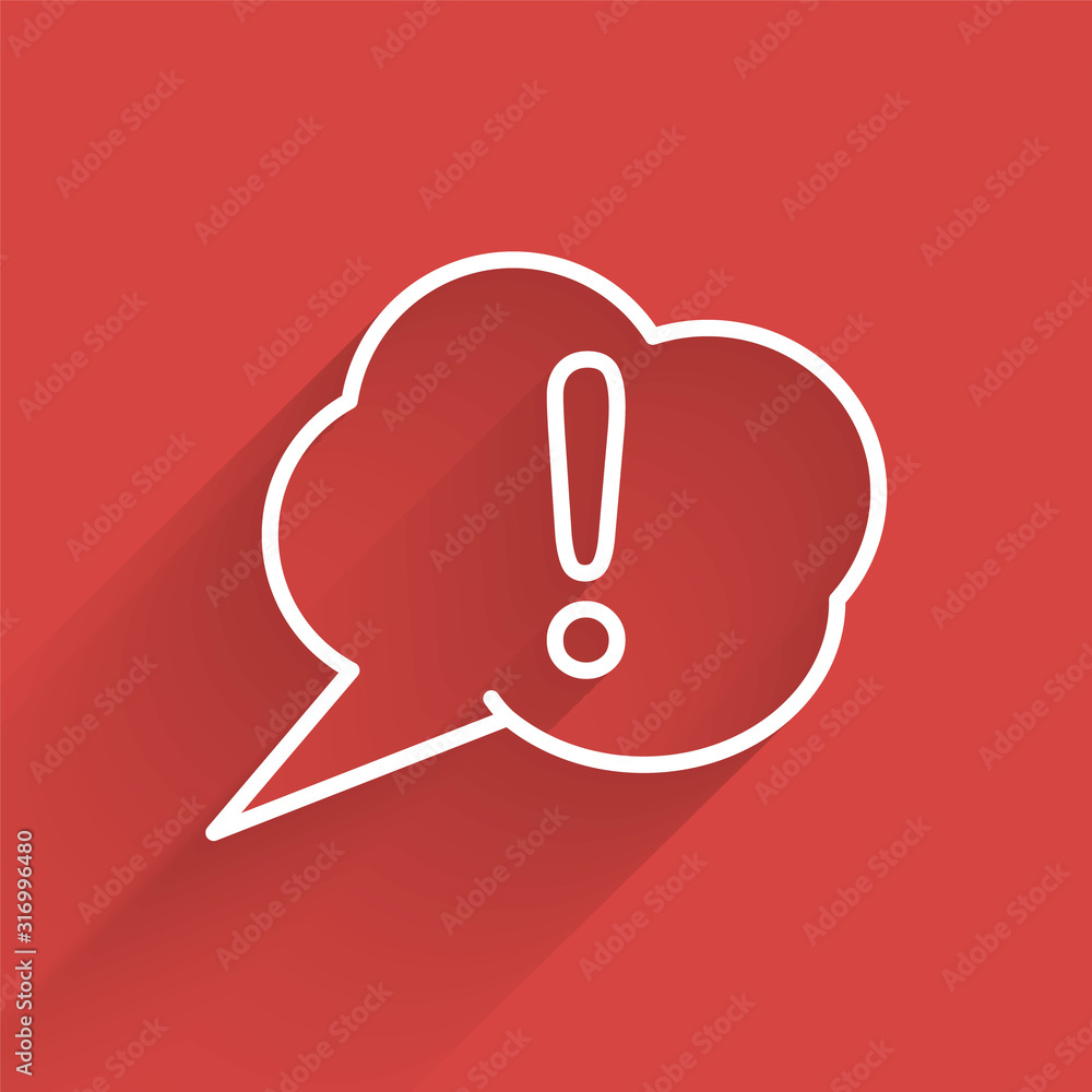 Poster white line speech bubble and exclamation icon isolated with long shadow. faq sign. copy files, chat 