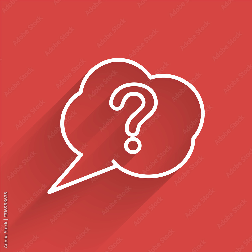Poster white line speech bubble and question icon isolated with long shadow. faq sign. copy files, chat spe