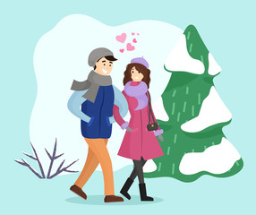 Obraz na płótnie Canvas Man and woman walking together in winter forest. People go hand in hands, couple on romantic date in wood. Landscape with snowy fir tree and shrub. Vector illustration of dating in flat style